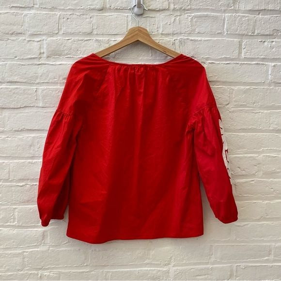 J. Crew || Embroidered Peasant Blouse Puff Sleeve Tassels Red White