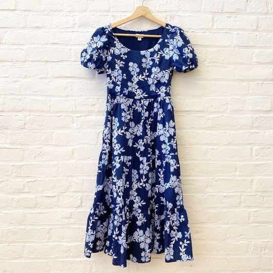 J. Crew || Tiered Poplin Puff-Sleeve Midi Dress Floral Navy Blue 00