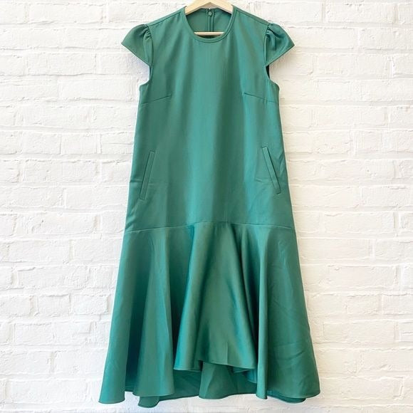 ME+EM || Sculptural Hem Short Sleeve Dress Satin Green UK 8 US 4