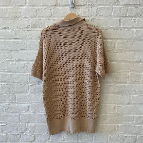 Varley || Clayton Polo Zip Neck Collar Open Weave Crochet Knit Moon Tan XS