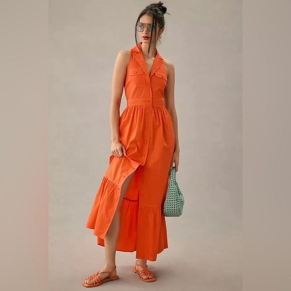 Anthropologie || Maeve Sleeveless Collared Shirtdress in Orange Red 2 NWT