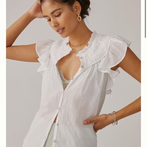 Anthropologie || Caballero Liv Sheer Ruffle Blouse Small