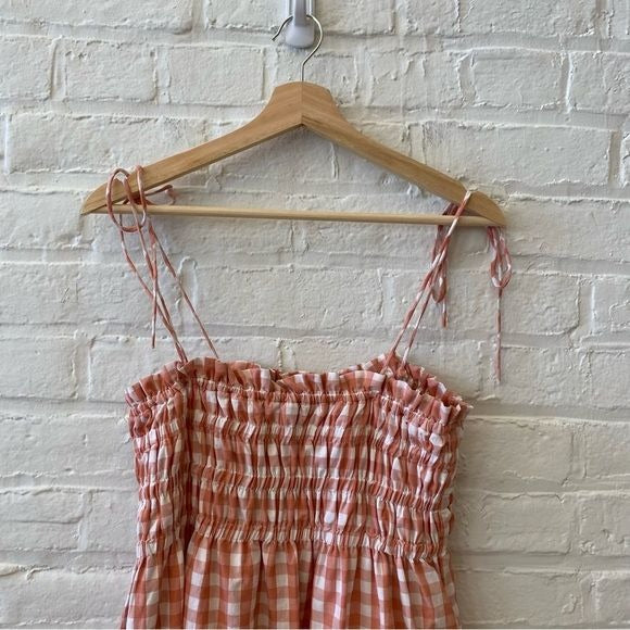 The Impeccable Pig || Smocked Tie Shoulder Mini Dress Ping Gingham Pockets M