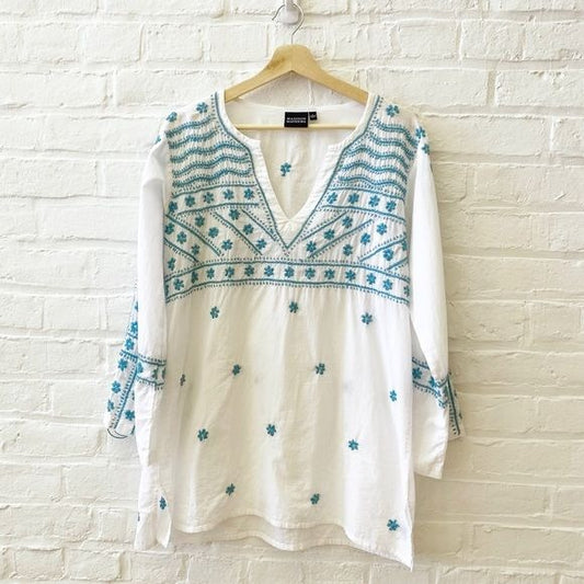 Madison Mathews || Embroidered Tunic Top Cotton White Teal Large