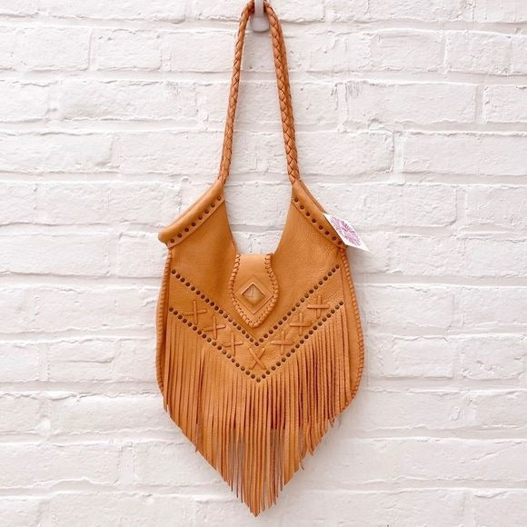 Native Rainbow || Fez Studded Fringe Leather Handbag Purse Peach NWT