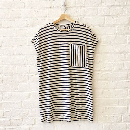 Apiece Apart || Elodie Mini Dress Pocket Boxy Navy Cream Stripe Small NWT