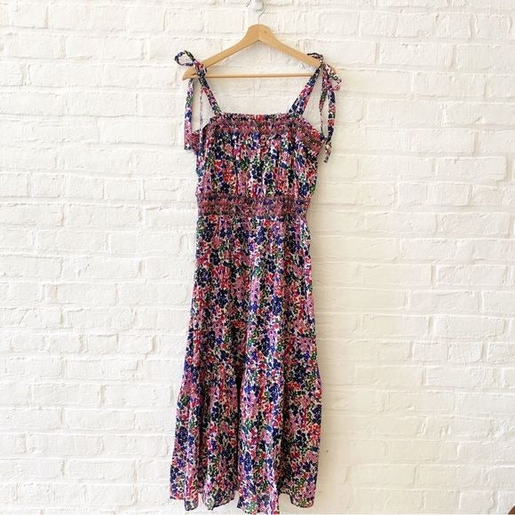 J. Crew || Smocked Dress In Watermark Floral Print Tie Shoulder Midi Medium