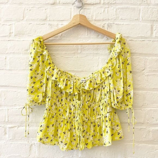 For Love and Lemons || Chrysanthemum Tie Front Blouse Top Floral Yellow Medium