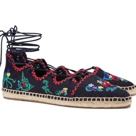 Tory Burch || Sonoma Lace up Embroidered Gillie Espadrilles Tie Floral Navy 7.5