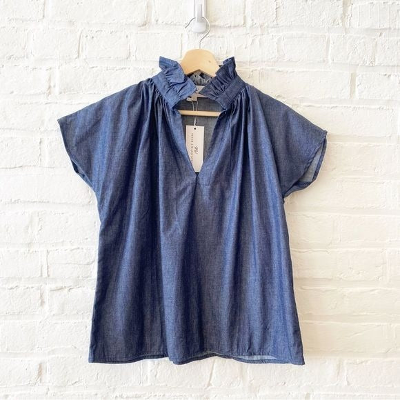 Never a Wallflower || Vicki Top Dark Denim Chambray Blue High Ruffle Neck XS NWT