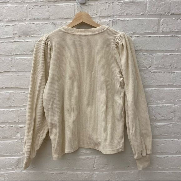 Sezane || Josie Puff Shoulder Top Sweatshirt Ribbed Corduroy Ecru Ivory Small