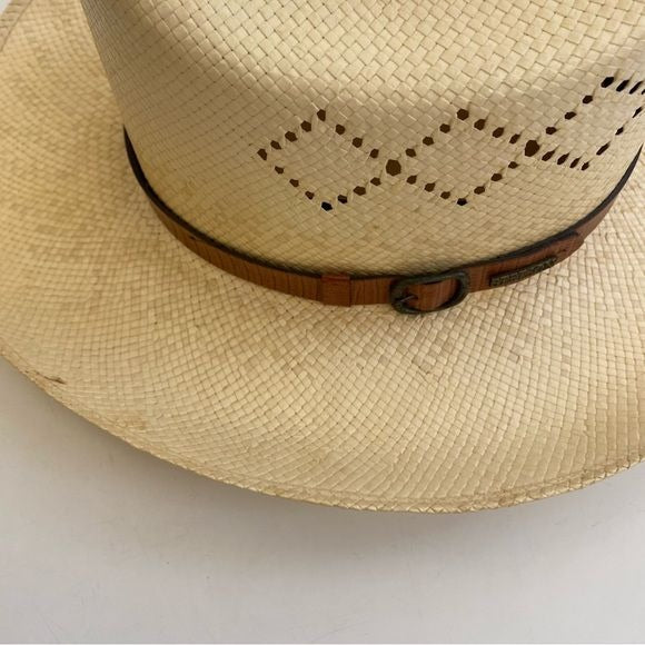 Stetson || Straw Cowboy Hat Leather Band Vented Natchez Style Natural 6 7/8