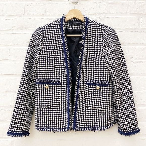 Zara || Houndstooth Tweed Fringe Blazer Navy Blue White Small