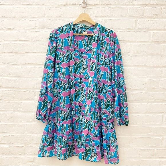 Warm NY || Izzie Drop Waist Floral Tie Dress Blue Pink XS