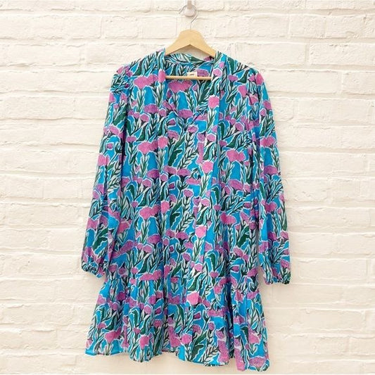 Warm NY || Izzie Drop Waist Floral Tie Dress Blue Pink XS