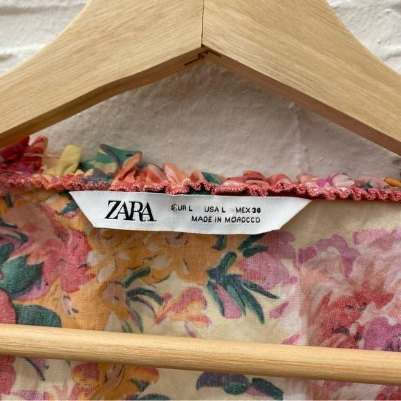 Zara || Puff Sleeve Floral Crop Top Pink Large