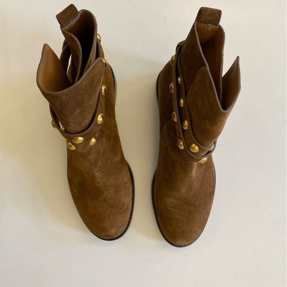 See by Chloé || Suede Studded Neo Janis Flat Moto Boots Boho Brown Gold 38