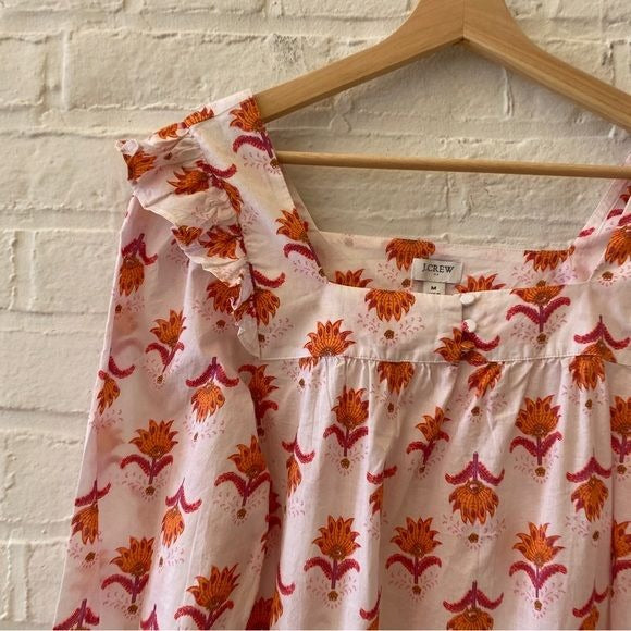 J. Crew || Squareneck Ruffle Top Floral Block Print Orange Pink Cotton Medium