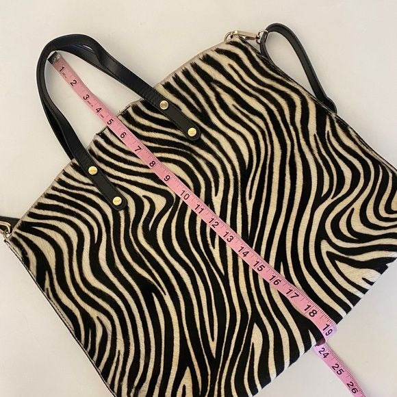 Made in Italy || Zebra Print Pony Hair + Leather Satchel Tote Shoulder Bag Black