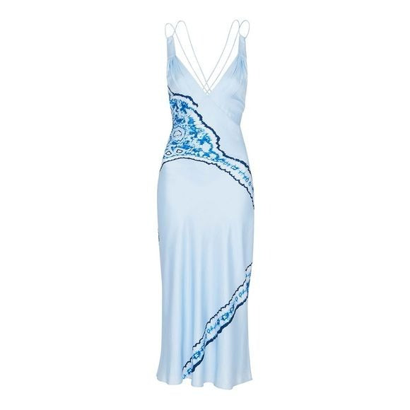 Whistles ||,Silk Tie Dye Bias Dress Strappy Open Back Blue 10 NWT