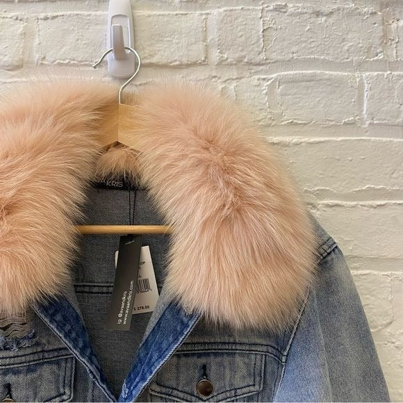 Ava & Kris || Hailey Fox Fur-collar Denim Jacket In Peach Small NWT