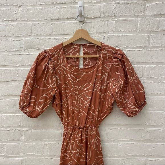 LUSH || Skyline Tie Back Puff Sleeve Dress Caramel Abstract Monstera Leaf Large