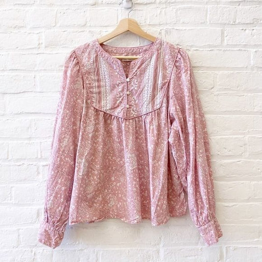 C&C California || Floral Peasant Popover Blouse Pink Large