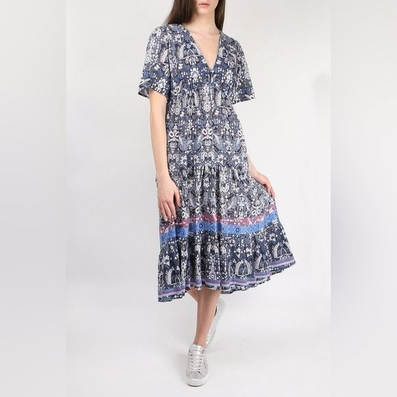 XIRENA || Agatha V Neck Midi Dress Gauze Block Print Blue Large