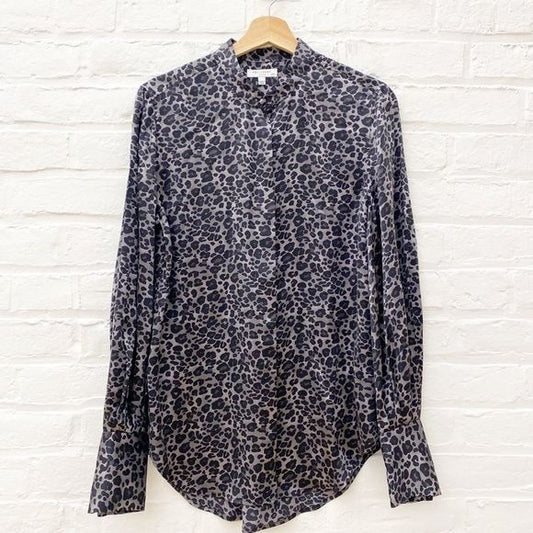 Equipment || Boleyn Silk Shirt in Silver Steel Gray Leopard Medium