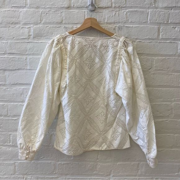 Sezane || Lauren Blouse Puff Sleeve Lace Top Ecru Cream Ivory 36 US 4