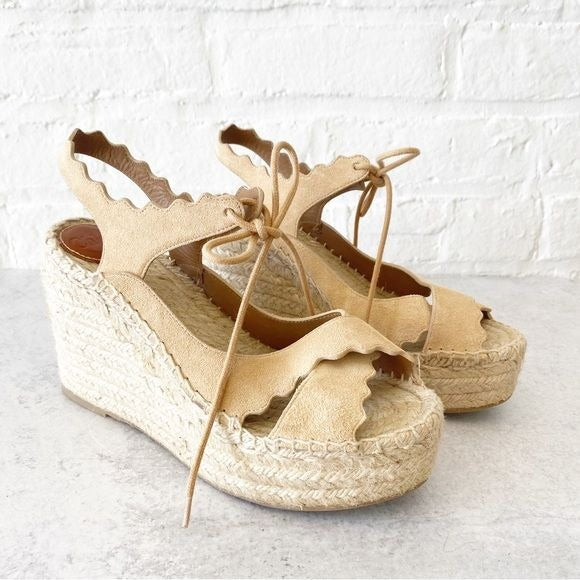 Chloe || Tie Ankle Scalloped Strappy Espadrille Platform Wedge Tan 37