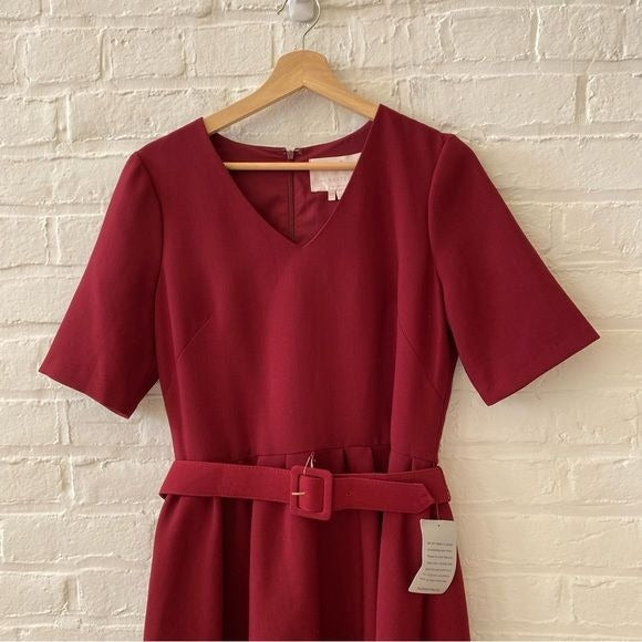 Gal Meets Glam || Clara Fit and Flare Belted Dress Burgundy Wine Red 10 NWT