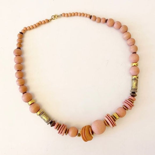 Chunky Pink Wooden + Gold Tone Beaded Necklace