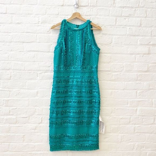 Tadashi Shoji || Norma Sequined Fringe Pencil Sheath Dress Jade Green 10 NWT