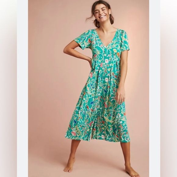 Anthropologie || Floreat Yardley Wide Leg Cropped Jumpsuit Green Floral XS