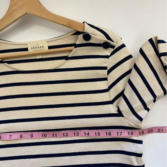 Sezane || Colette Mariniere in Ecru Cream Navy Nautical Breton Stripe Small