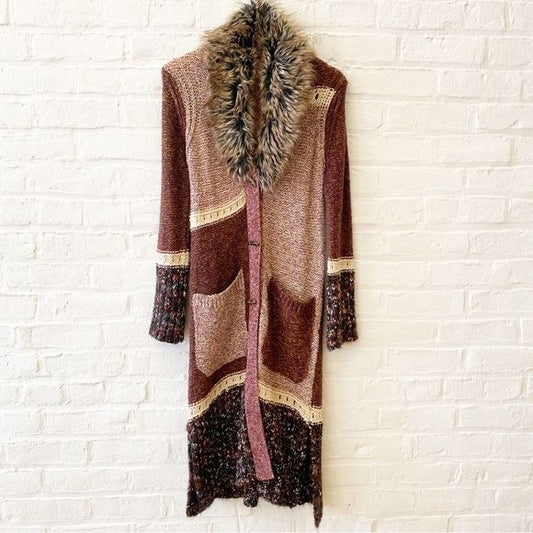 Anthropologie || Angel of the North Sitka Cardigan Faux Fur Collar Burgundy S