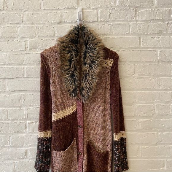 Anthropologie || Angel of the North Sitka Cardigan Faux Fur Collar Burgundy S