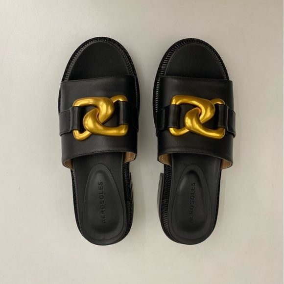 Aerosoles || Lima Leather Sandals Slides Chunky Gold Buckle 6.5