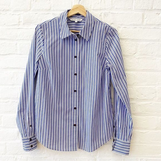 Veronica Beard || Libby Striped Poplin Button Down Shirt Top Blouse Blue 8