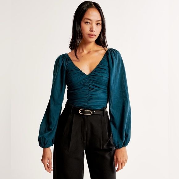 Abercrombie || Long-Sleeve Cotton Cinched Top Ruched Puff Sleeve Teal Green S