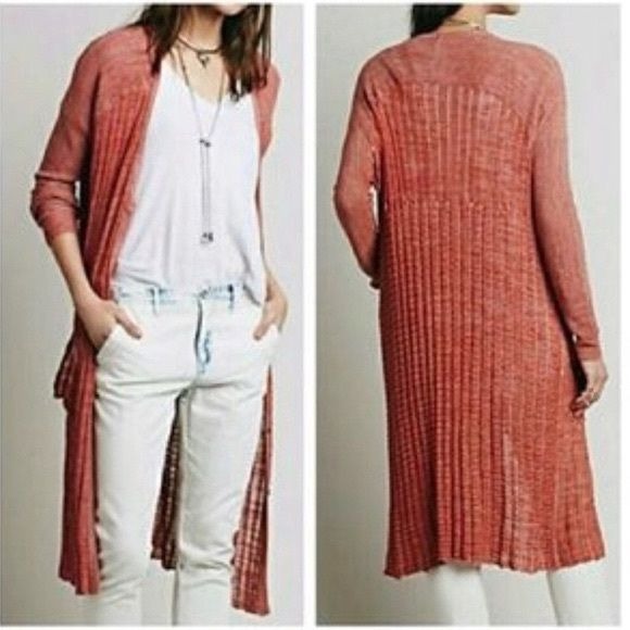 Free People || Shadow Stripe Long Duster Cardigan Pockets Paprika Red Orange XS