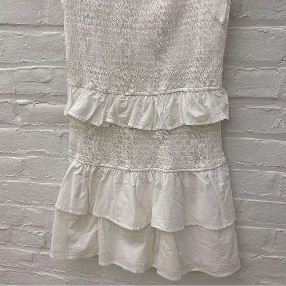 Le Lis || Tiered Tie Shoulder Smocked Mini Dress Cotton White Medium