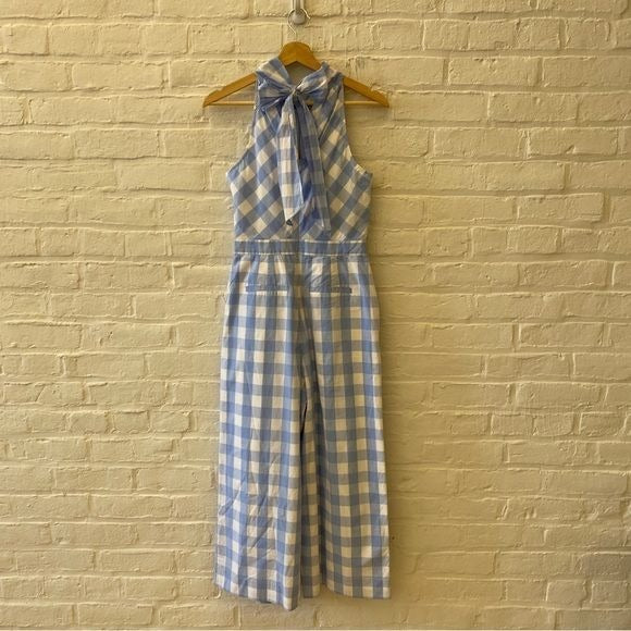 J. Crew || Gingham High-neck Wide Crop Leg Jumpsuit in Cotton Poplin Blue 2