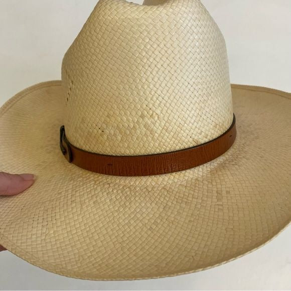 Stetson || Straw Cowboy Hat Leather Band Vented Natchez Style Natural 6 7/8