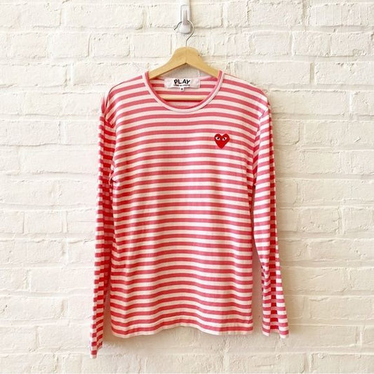 Comme des Garçons Play || Long Sleeve Pink Stripe Logo Tee Medium