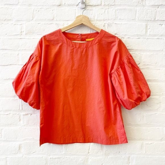 Oliphant || Puff Sleeve Cotton Poplin Blouse Top Coral Red XS