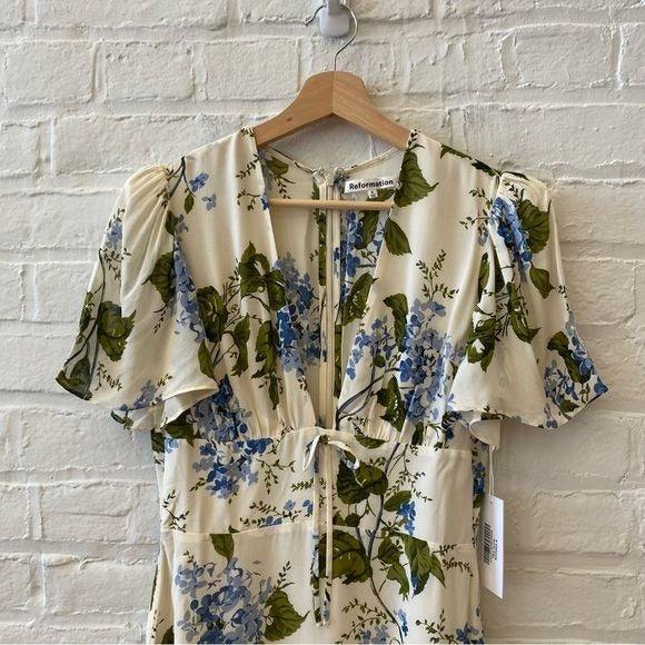 Reformation || Mya Dress in Riviera Cream Blue Floral Plunge Mini 6 NWT