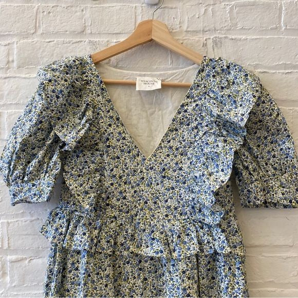 Tuckernuck || Hyacinth House Meadow Floral Puff Sleeve Ruffle Maxi Dress Blue XS