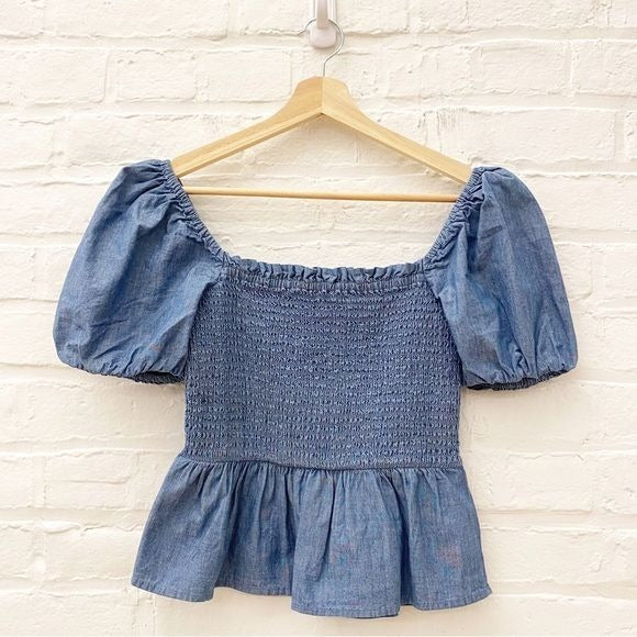 J.Crew || Squareneck Smocked Chambray Top Short Sleeve Blue XS